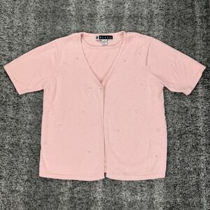 Vtg Blast Pink Floral Embroidered Women's M Cardigan Sweater Short Sleeve Career